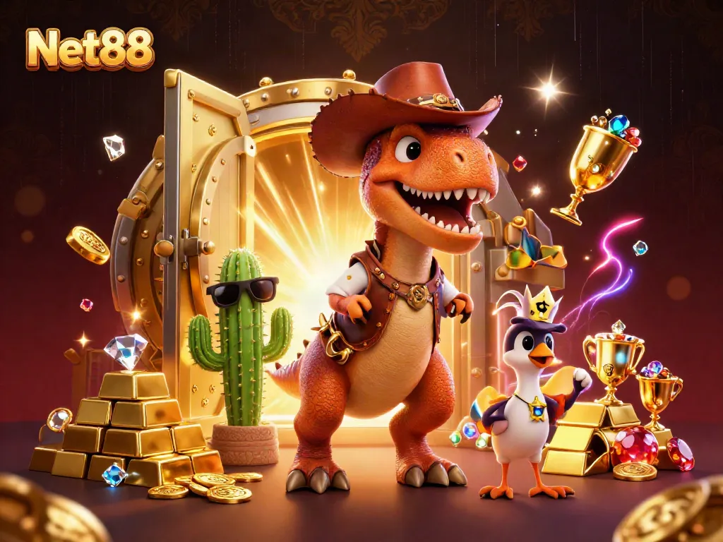Net88 showcases a lively 3D dinosaur scene with treasures, emphasizing thrilling casino action.