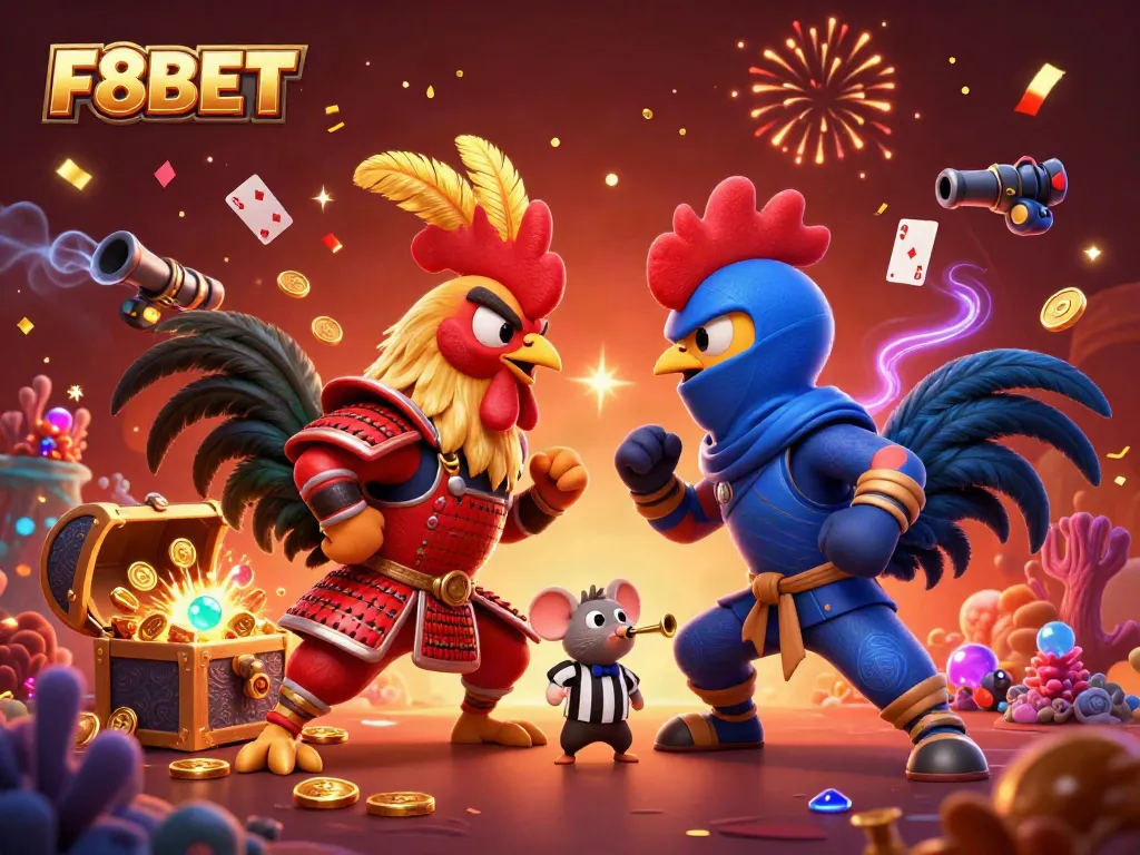 F8BET features a dramatic casino-themed illustration of fighting roosters in an intense showdown among treasure elements.