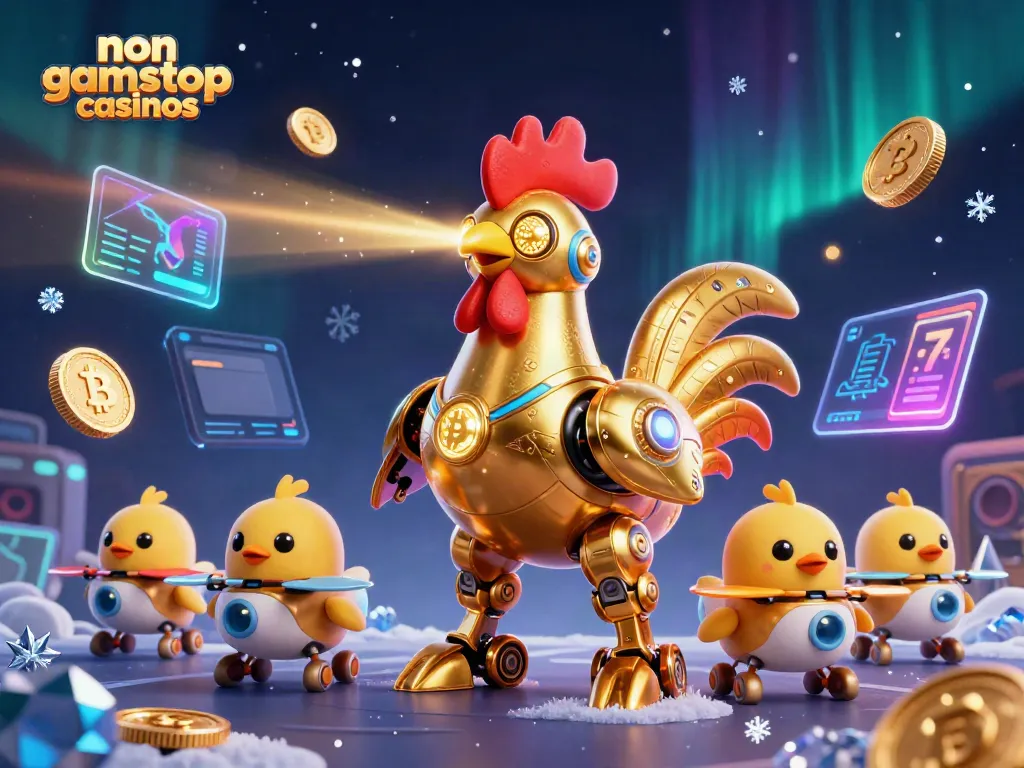 Experience non gamstop casinos with a vibrant 3D illustration of a golden rooster robot amidst crypto-themed elements.