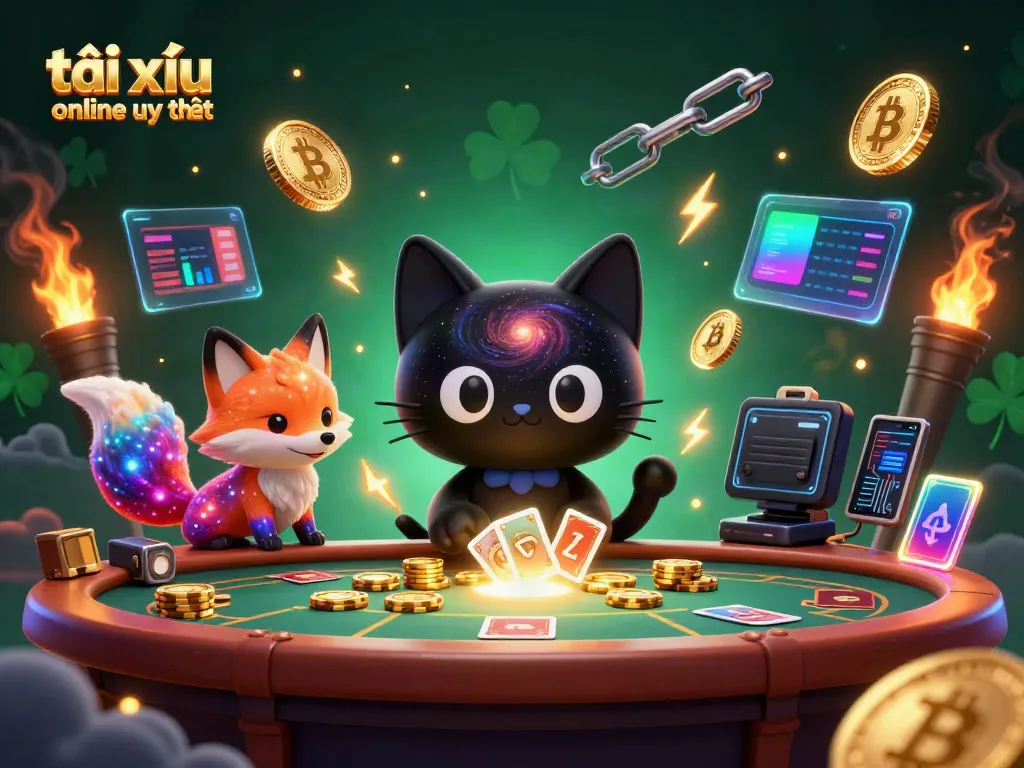 Engage in tài xỉu online uy tín with a cosmic casino scene featuring a charming cat and colorful fox surrounded by glowing currencies.