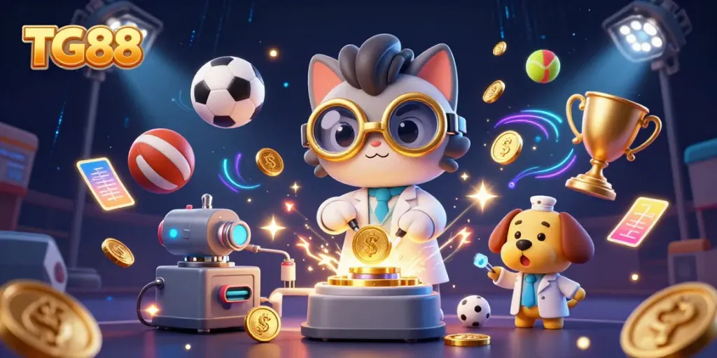 Experience the excitement at TG88 with an animated lab scene of a scientist cat and dog surrounded by sports and gambling elements.
