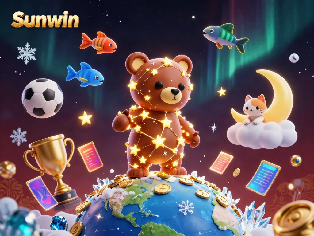 Experience the thrill with Sunwin as a golden constellation bear scoops coins amid dynamic sports elements.