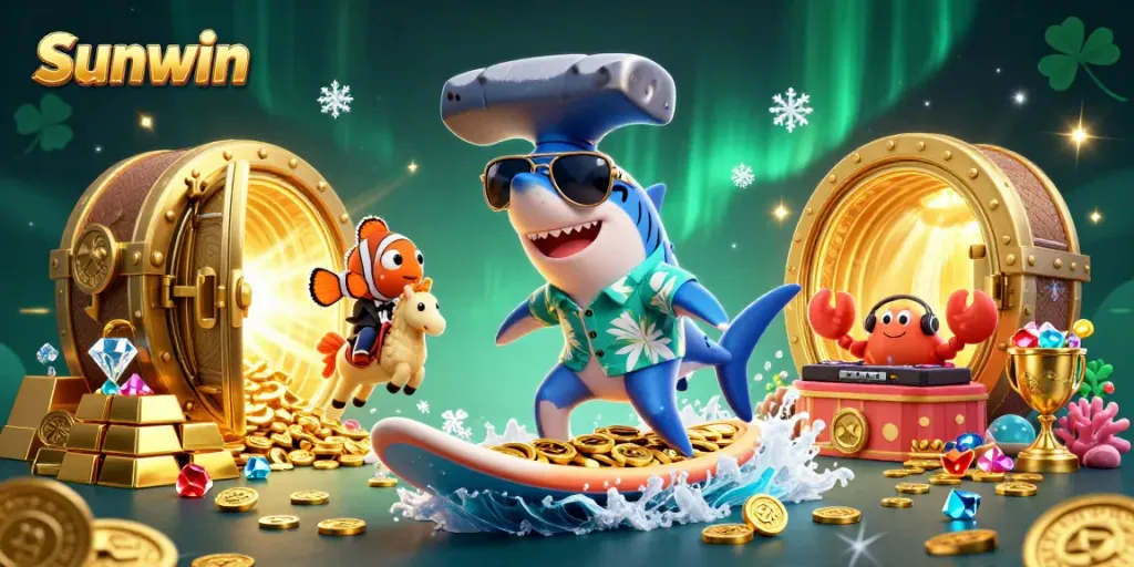 Experience exciting gameplay with Sunwin as a shark surfs on gold coins with friends!