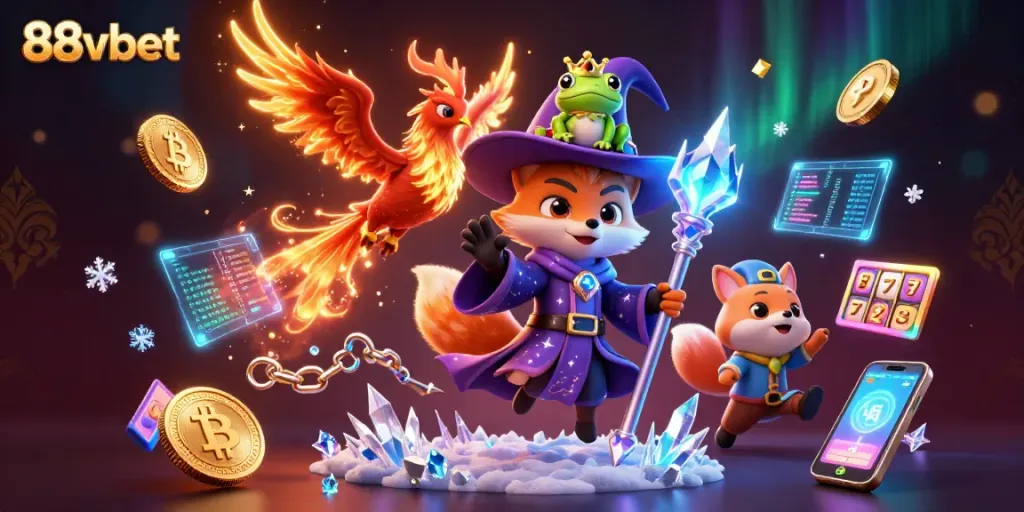 Engage with captivating slots at 88vbet featuring a wizard, phoenix, and crypto elements.