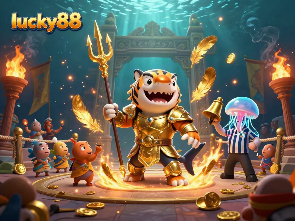 Experience the excitement of lucky88 with a fierce tiger shark in gladiator armor in an underwater battle arena.