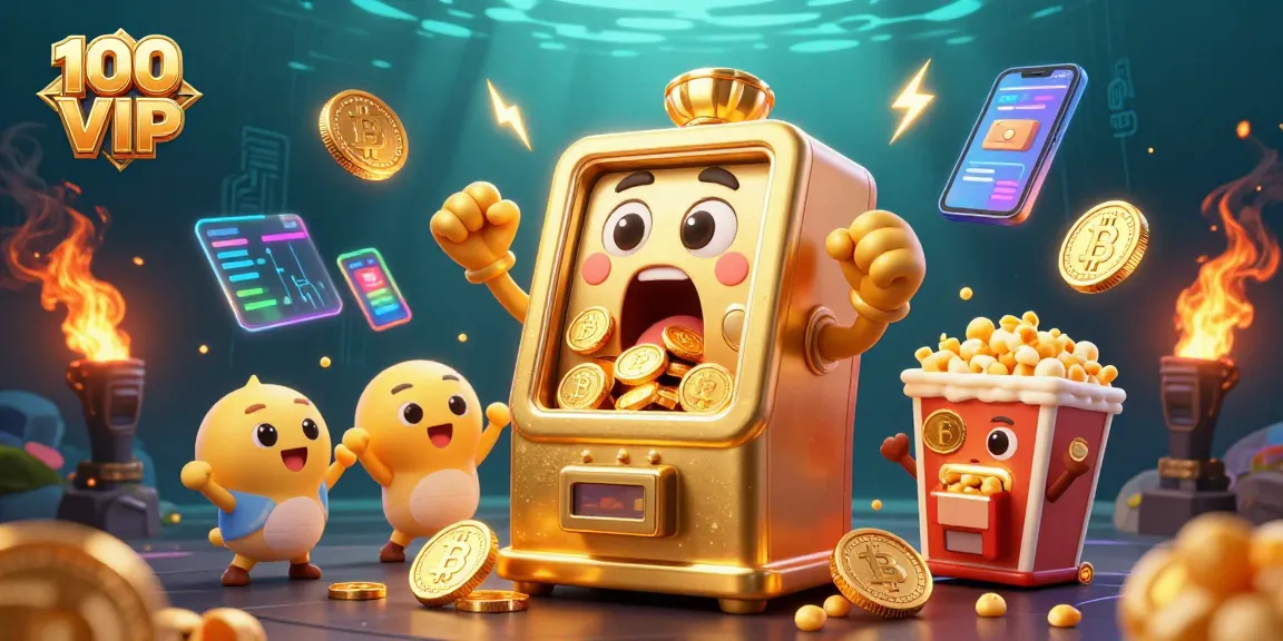 Engage with the excitement of 100 VIP slots as golden coins overflow from a cheerful slot machine!