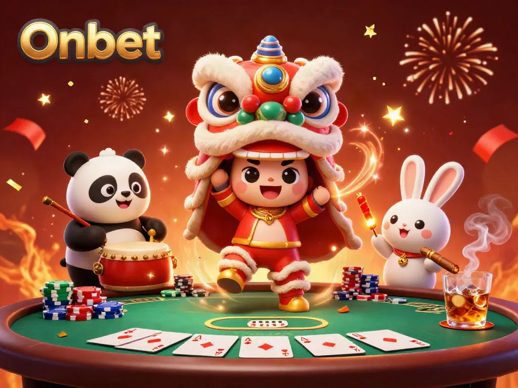 Experience the excitement of Onbet with a vibrant 3D illustration of a Chinese New Year celebration, complete with poker elements.