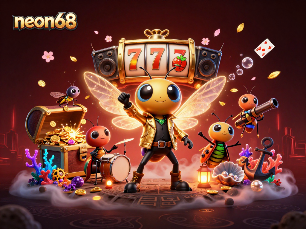 Engage with neon68 casino dynamics featuring a lively rock star cicada and vibrant game elements.