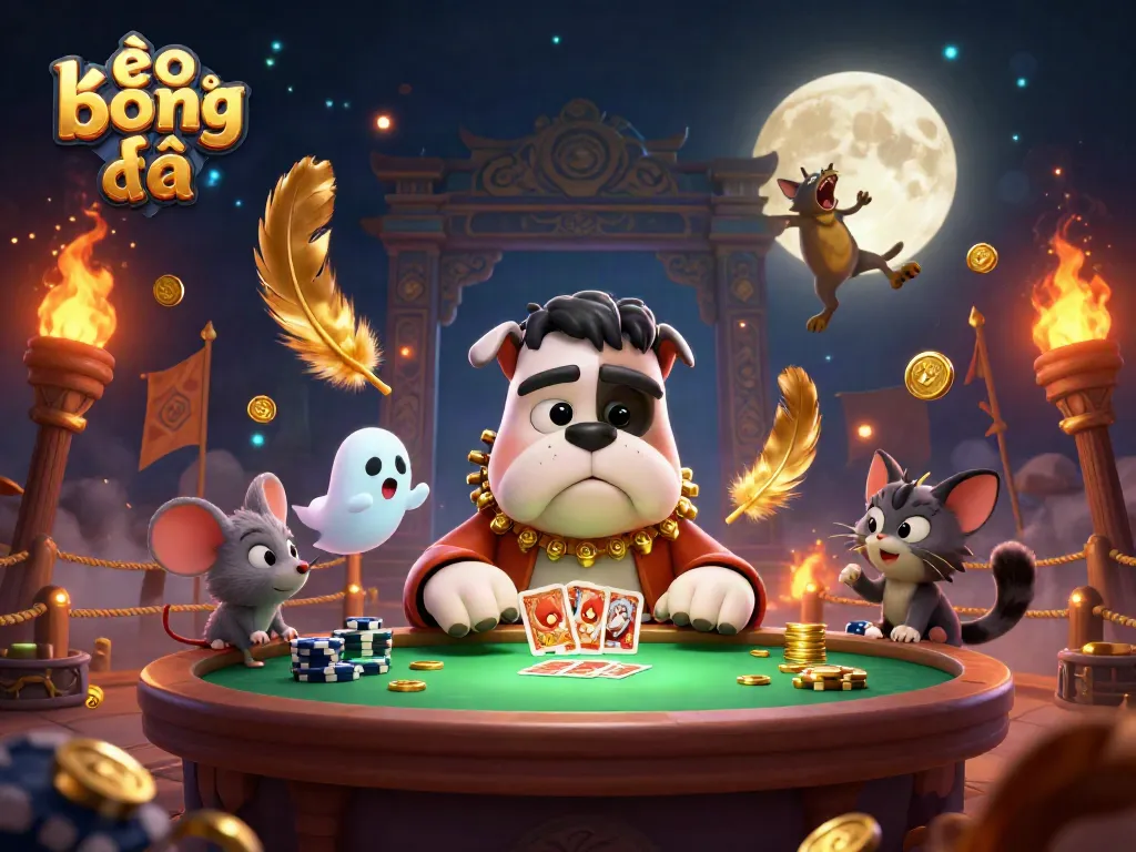 Engaging kèo bóng đá scene with a cartoon bulldog dealer and dynamic betting elements