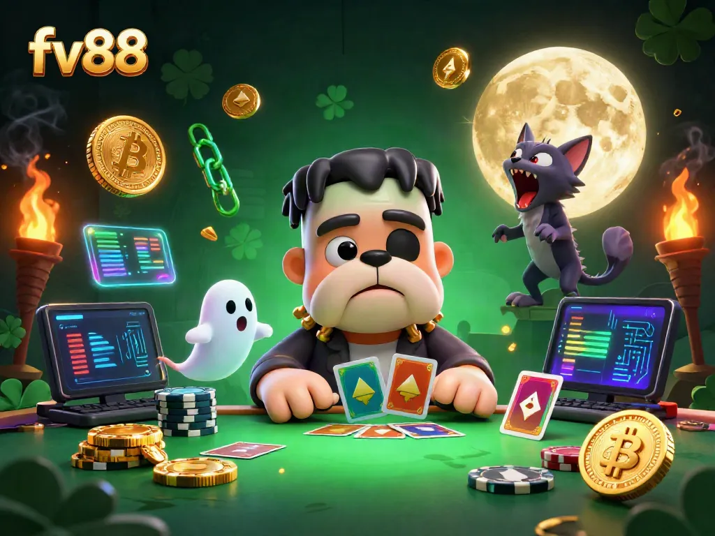Win big at FV88 with a spooky yet vibrant 3D scene featuring whimsical characters and cryptocurrency elements.
