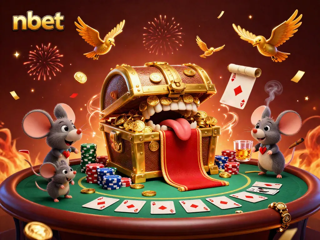 Join the adventure with nbet's golden treasure chest and poker elements in a vibrant casino setting.