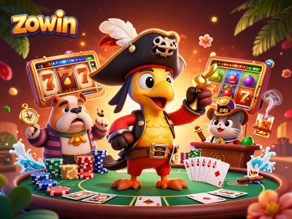 Experience the thrilling offerings of zowin with vibrant slot reels and playful characters in a dynamic casino scene.