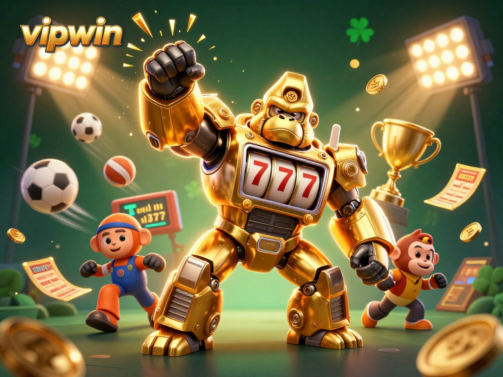 Experience thrilling wins at vipwin with a golden mech gorilla unleashing a flurry of sports elements.