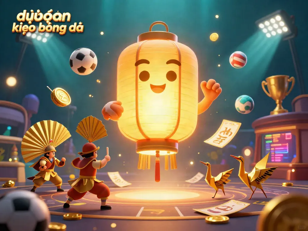 Betting scene featuring dự đoán kèo bóng đá strategies amidst vibrant golden lanterns, balls, and dynamic casino elements.