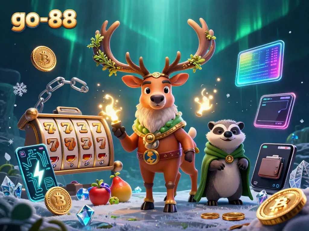 Engage with the vibrant gaming world of go-88 featuring a druid and a badger among slot reels and crypto icons.