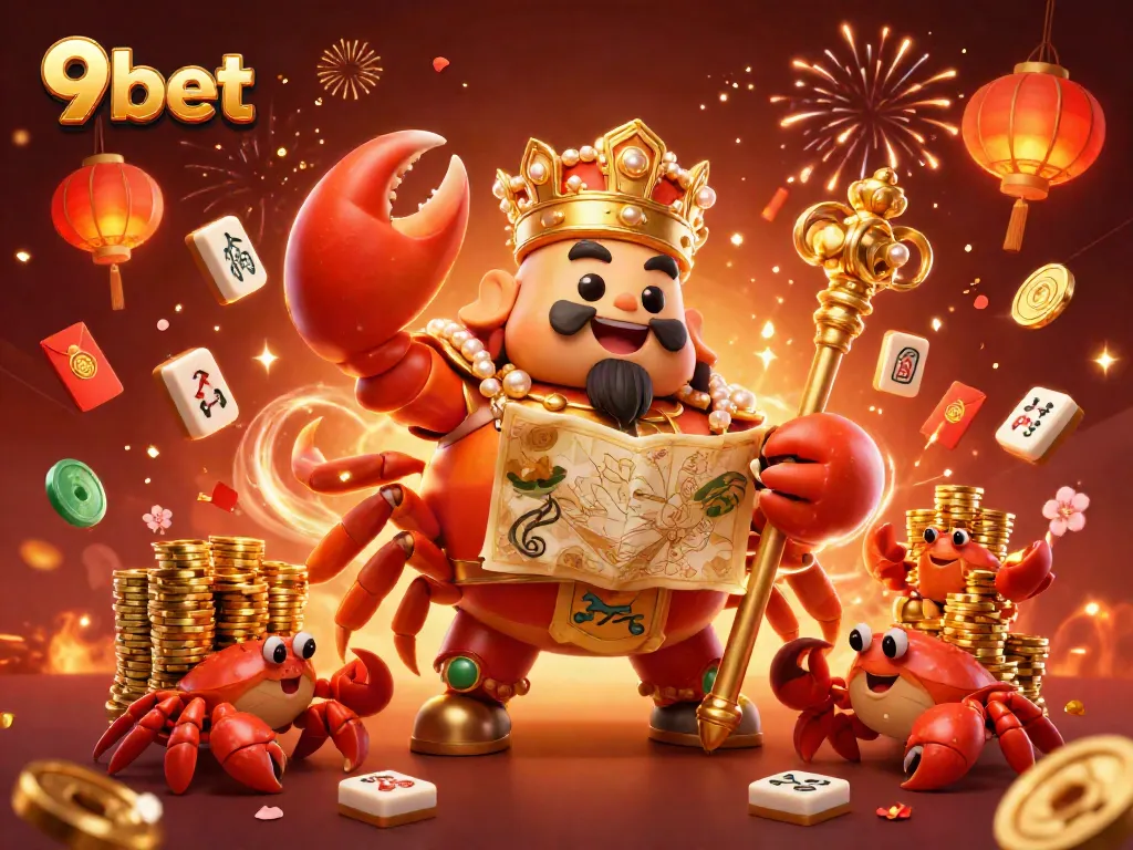 Engage with 9bet, showcasing a vibrant casino experience with a golden crab emperor and rich festivities.
