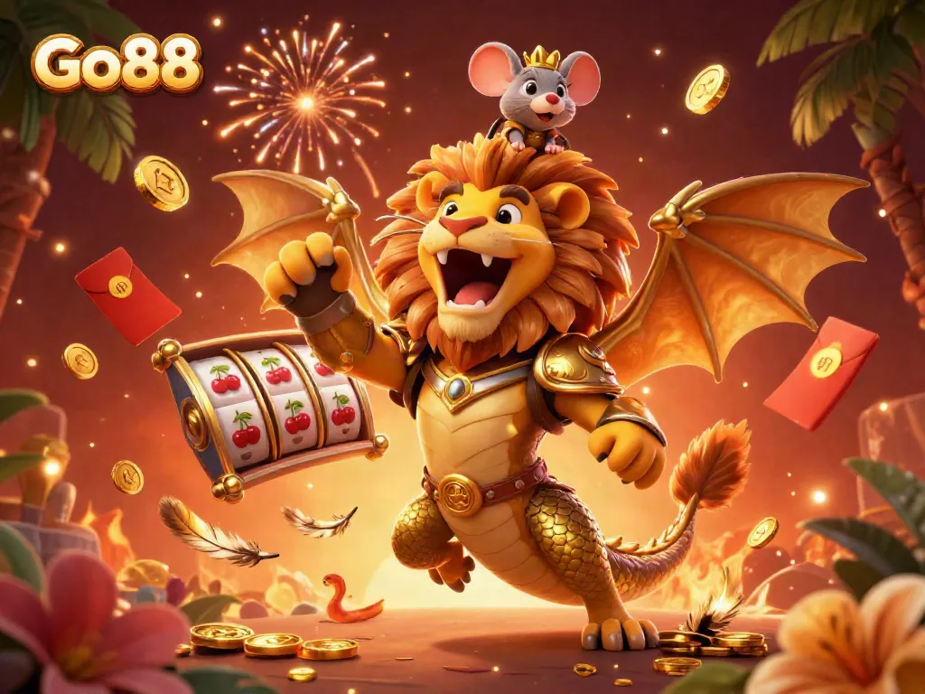 Experience the excitement of Go88 with vibrant casino elements and a majestic chimera in a dynamic scene.
