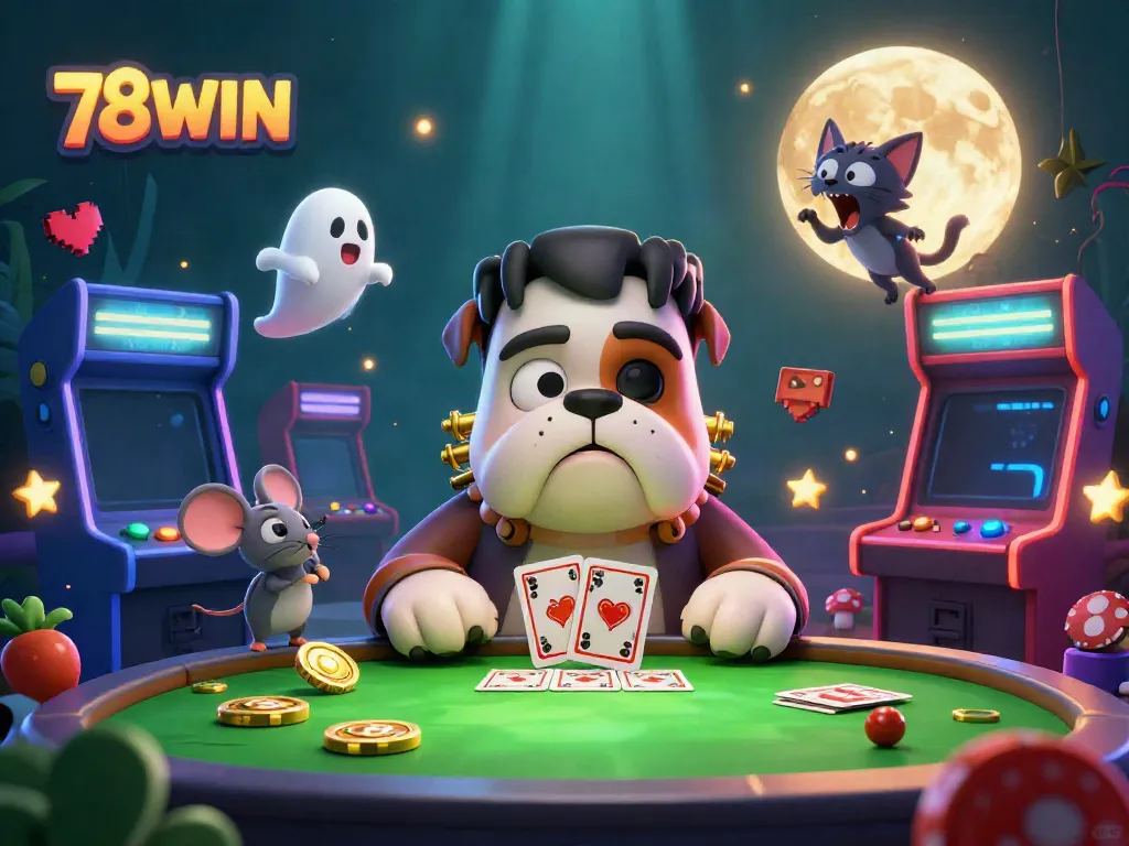 Engage in thrilling gameplay at 78WIN's casino with ghost mouse and werewolf kitten in a vibrant scene.