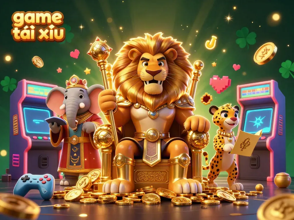 Play game tài xỉu with a vibrant scene featuring a lion king and game elements.