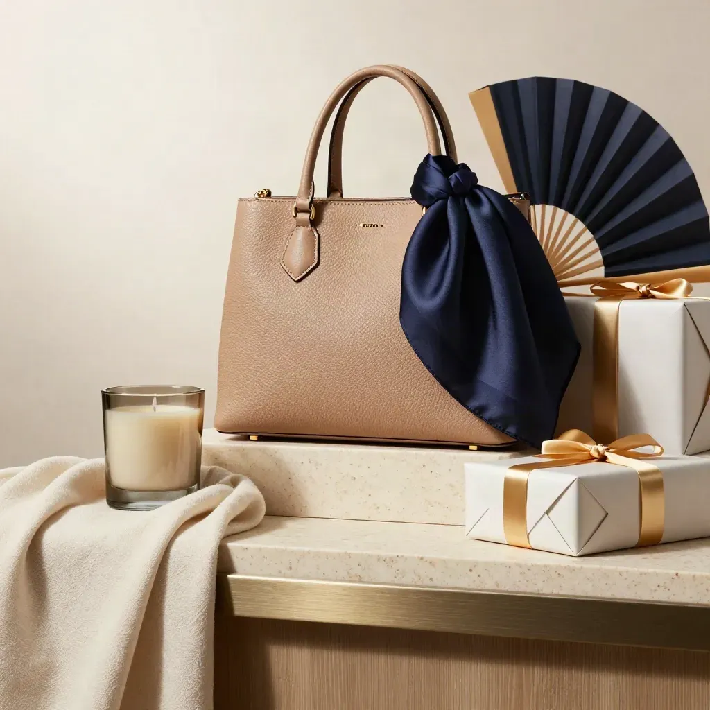 Luxury handbag, silk scarf, candle and gift pieces stacked on travertine in soft studio light.