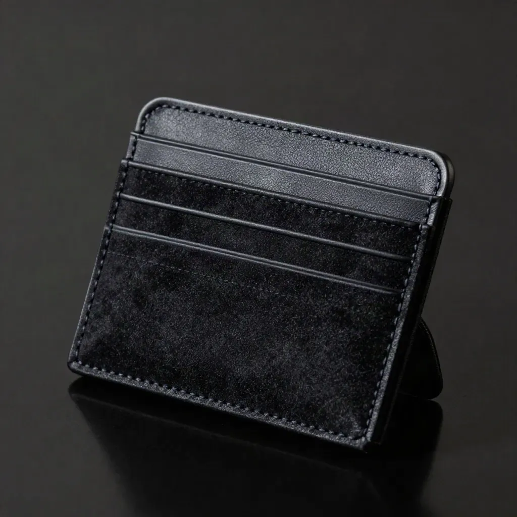 Suede card holder, coin tray and key pouch in a dark luxury studio arrangement.
