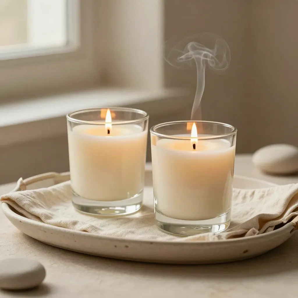 Two glass jar candles on a linen tray, one lit with smoke, one unlit.