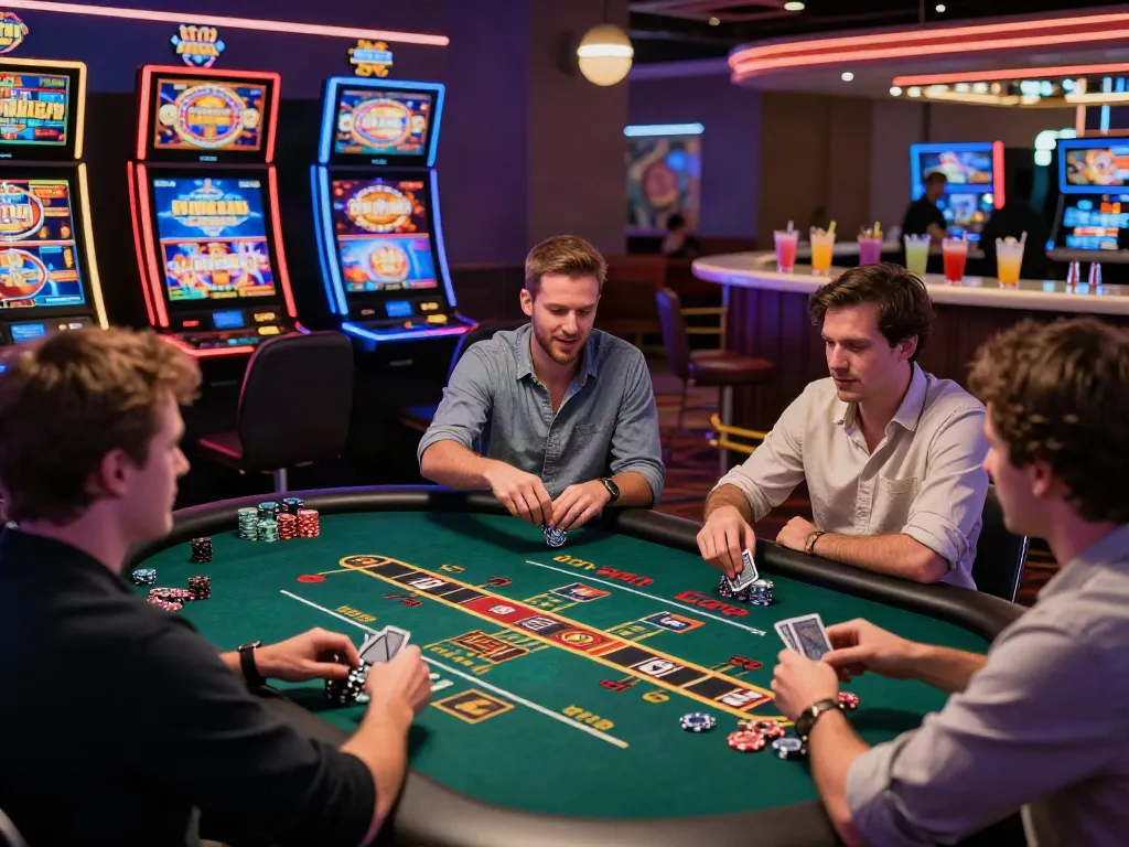 Exciting casino gaming scene illustrating casinos not on gamstop with diverse players enjoying slots and roulette.