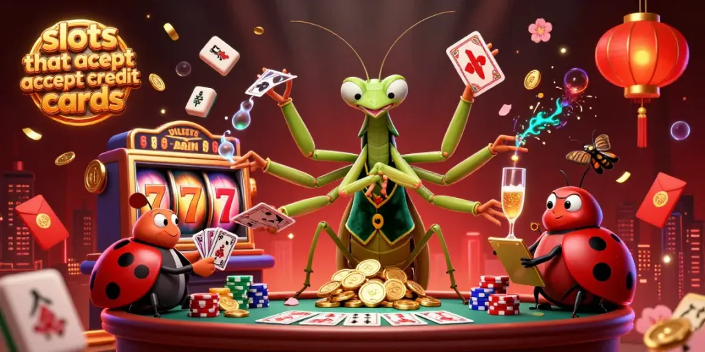 Experience thrilling slots that accept credit cards in an animated casino scene featuring vibrant characters and dynamic game elements.