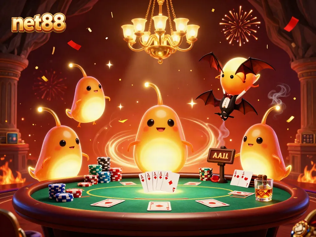 Experience the excitement of net88 with a vibrant animated casino scene full of poker action and glowing characters.