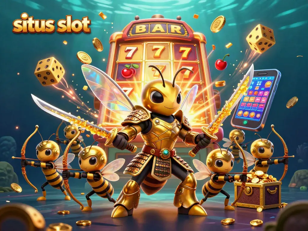 Experience jackpots at situs slot with vibrant 3D illustration of a golden hornet in action, slot machine will light up.