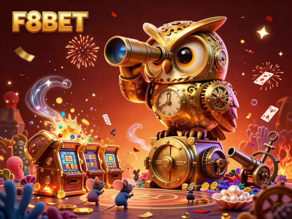 Enjoy the F8BET casino experience with a dynamic 3D illustration of a mechanical owl and whimsical mice in an exciting gaming environment.
