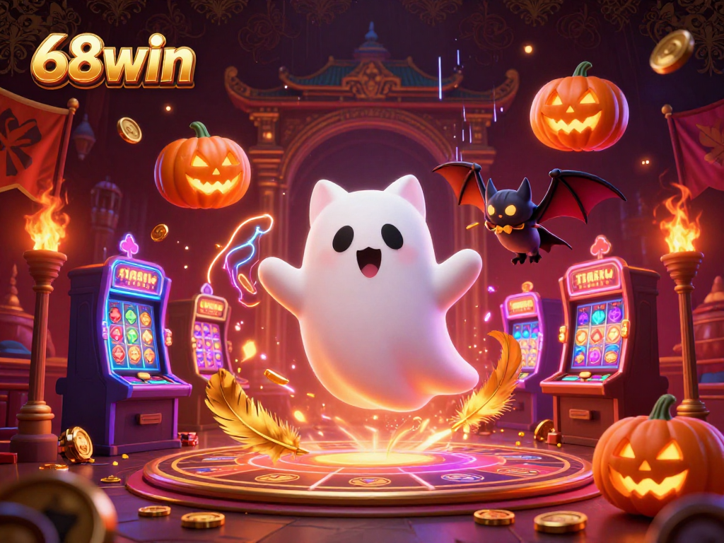 Bet at 68win with a floating ghost cat and vampire bat in an electrifying casino scene.