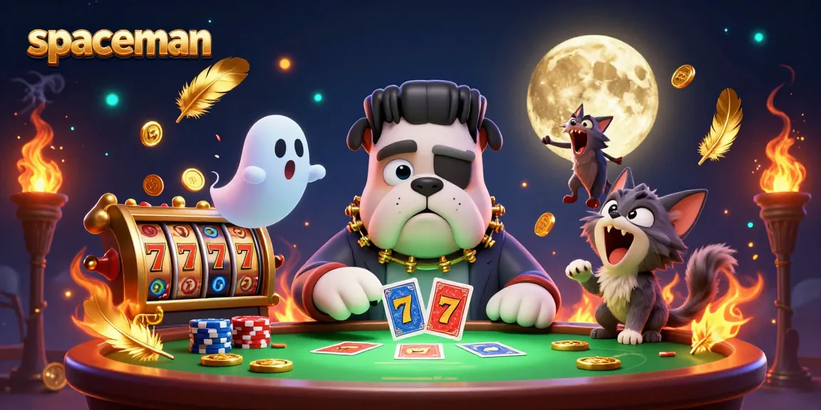 Spaceman-themed 3D illustration of a bulldog monster dealing cards with rich casino elements.