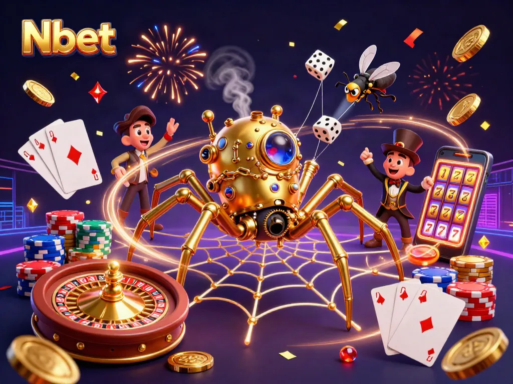 Nbet spins luck with gaming energy in a vibrant casino scene filled with gold and excitement.
