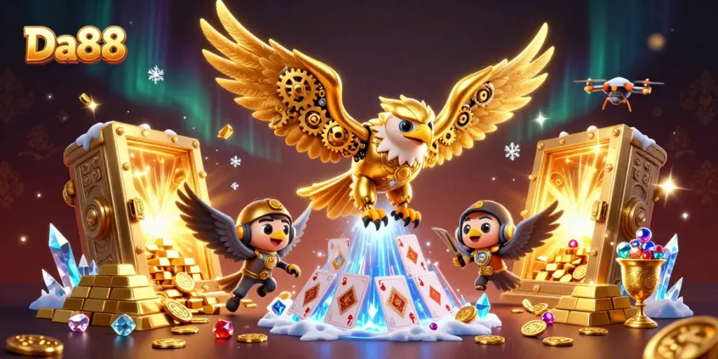 Experience thrilling moments at Da88 with a dynamic scene of cybernetic eagle and holographic cards.