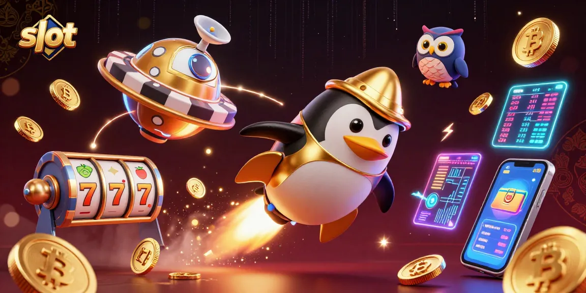 Spin the reels and watch the slot penguin soar, surrounded by crypto elements.