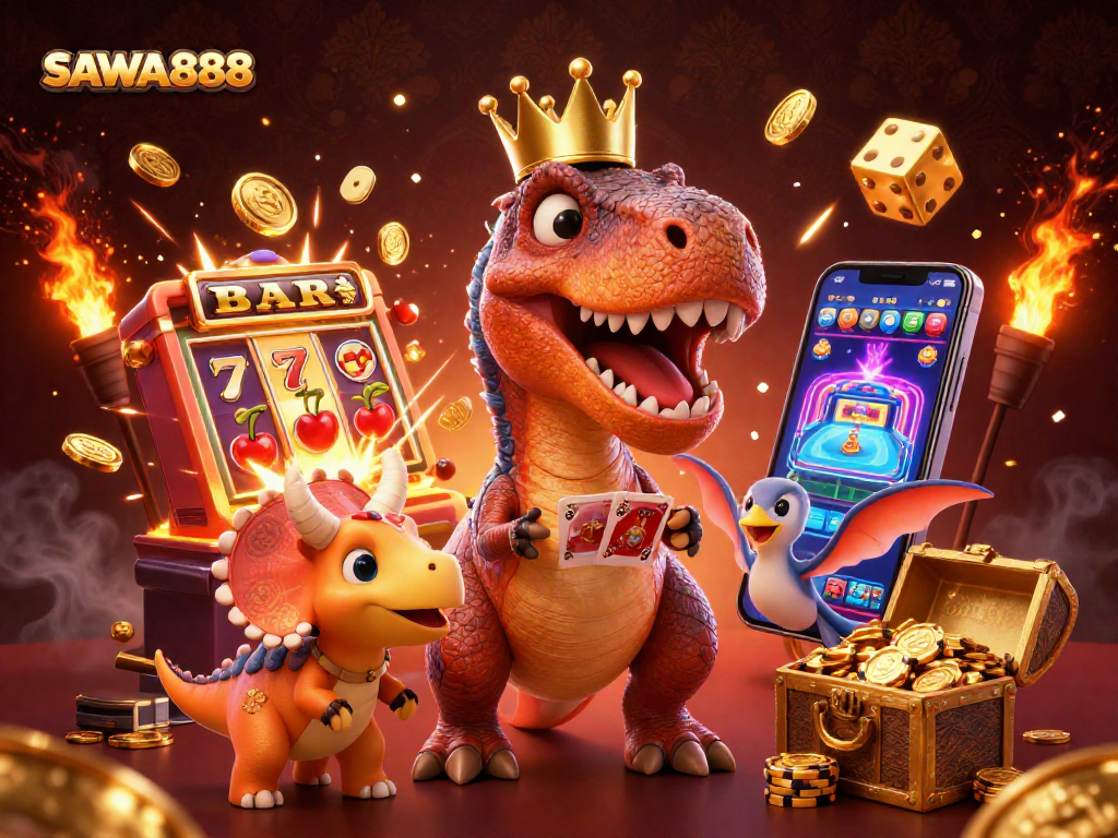 SAWA888 engages players with vibrant slots and dynamic characters in a lively casino scene.