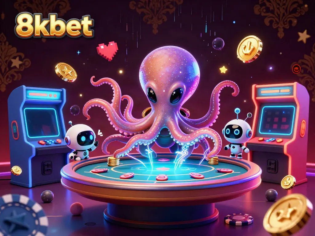 Play at 8xbet with an alien octopus at a holographic poker table, showcasing vibrant gaming elements.