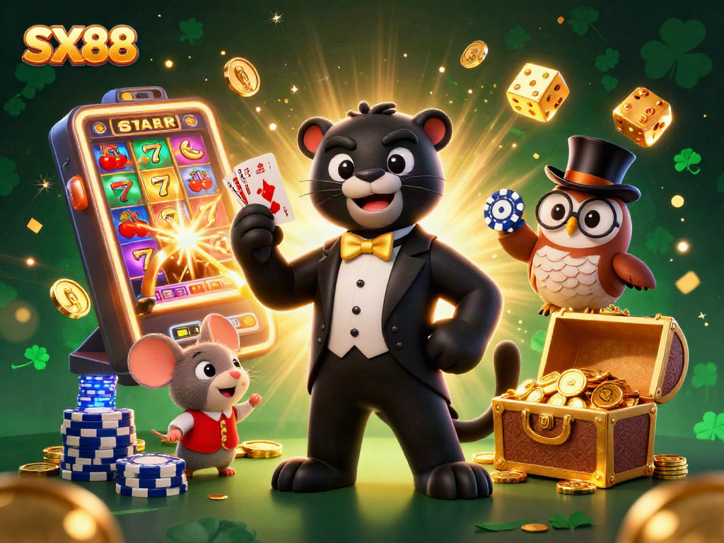 SX88 showcases a black panther in a tuxedo dealing cards, set in a vibrant casino scene.