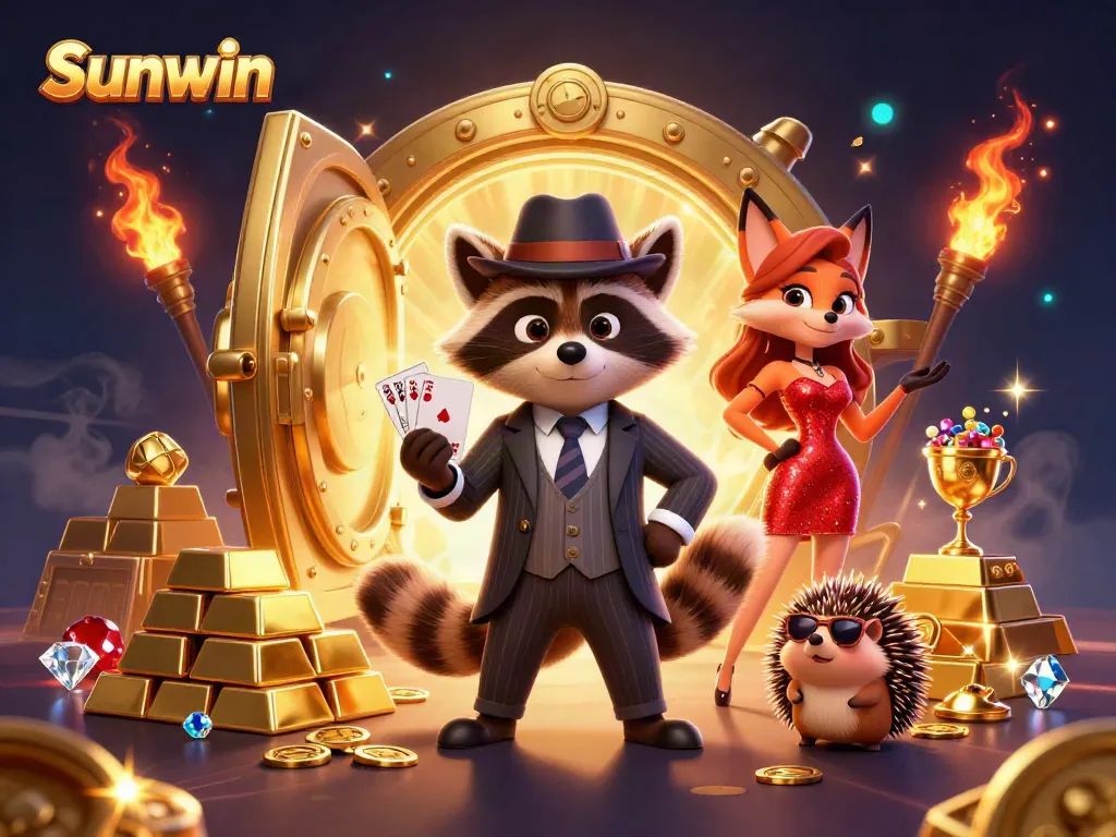 Experience the thrill of winning at Sunwin with a suave raccoon, dazzling fox, and vigilant hedgehog amidst gold treasures.