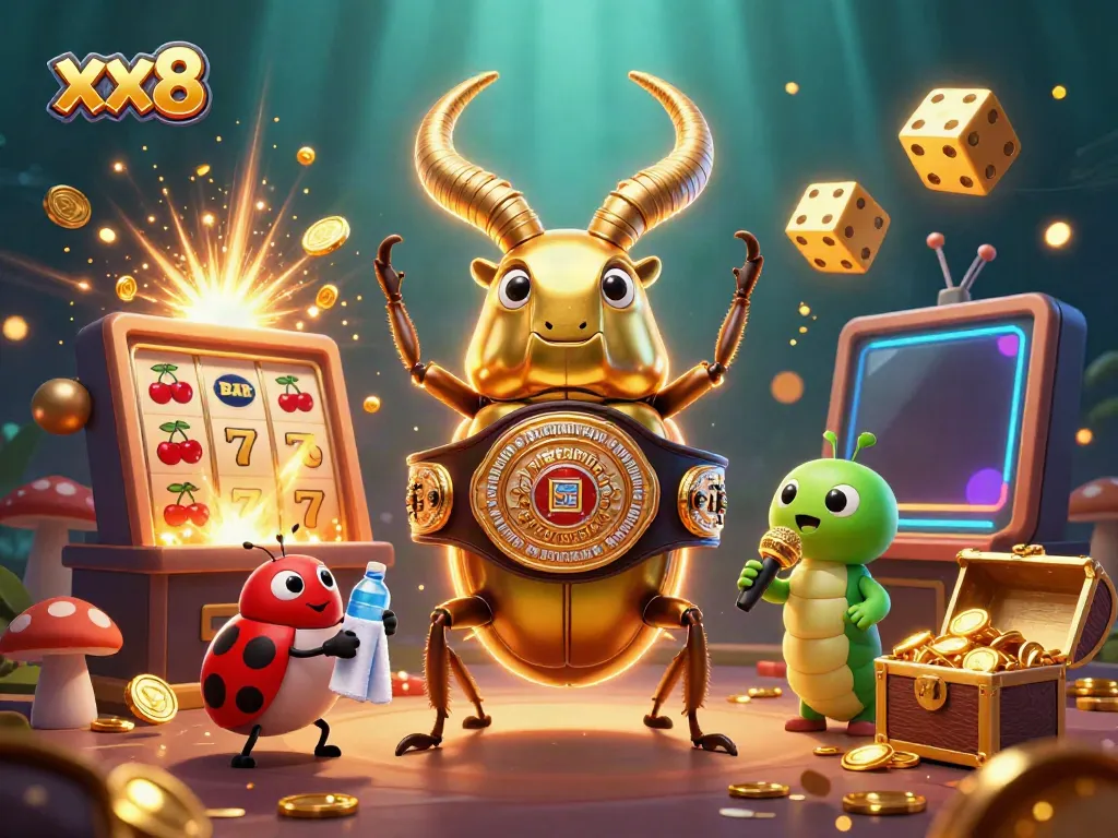 Experience thrilling gameplay with xx8's cartoon-style casino extravaganza featuring a golden beetle champion.