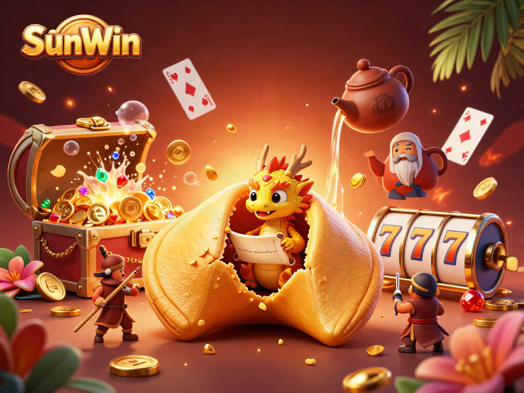 Experience thrilling wins at SunWin with stacked slot reels and magical characters in a vibrant scene.