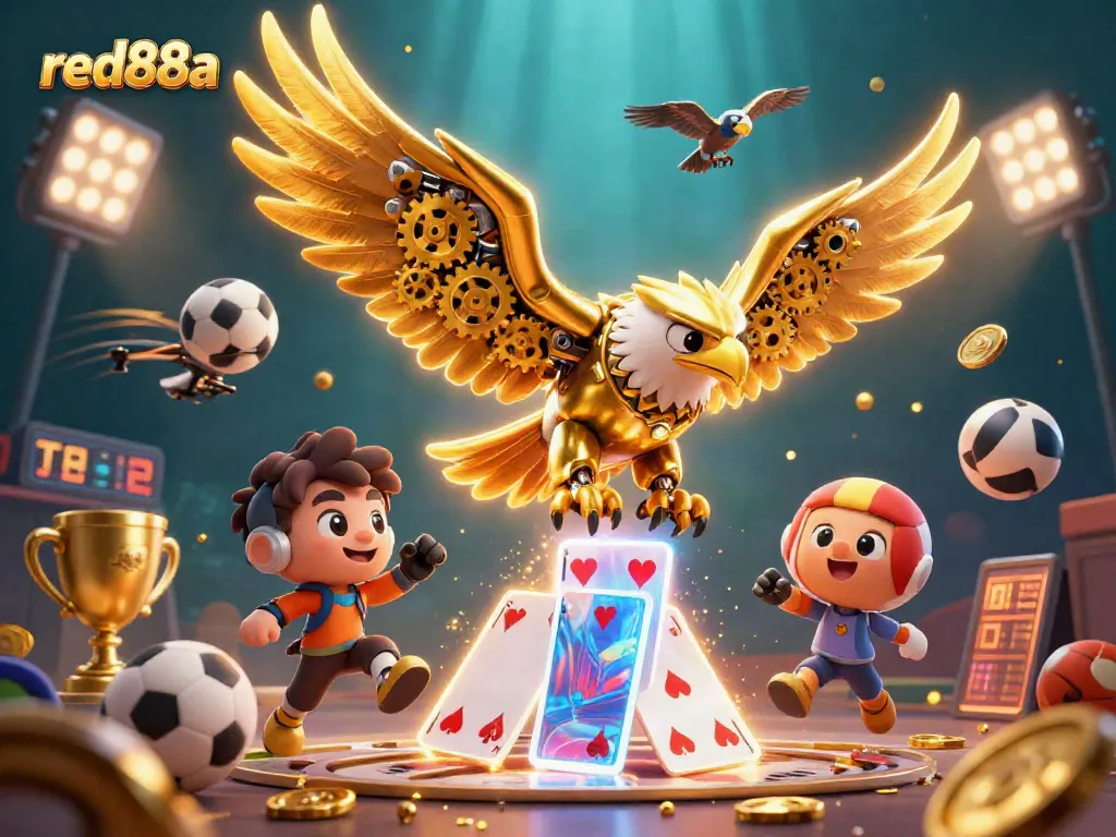 Experience the thrill with red88a as a cybernetic eagle dives through vibrant casino-themed elements.