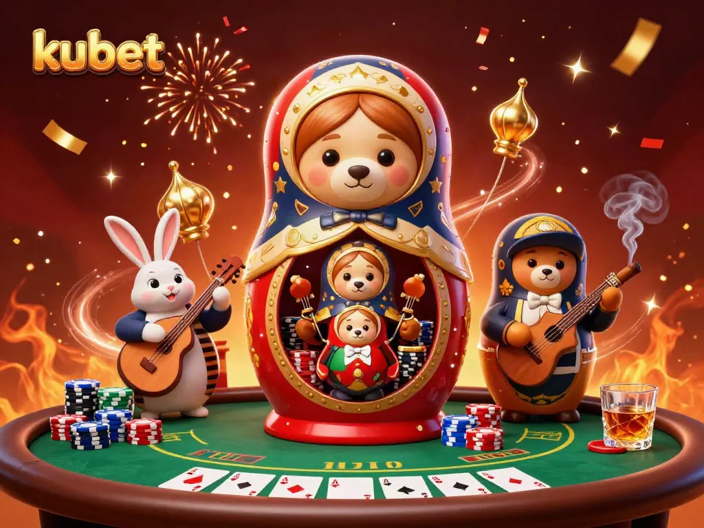 Kubet players enjoy a vibrant casino scene featuring Matryoshka bears and dynamic poker elements.