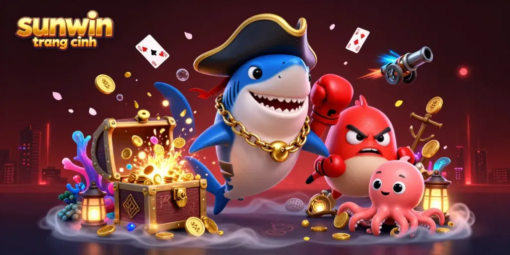 Join the fun at sunwin trang chính with a cartoon pirate shark and friends surrounded by casino elements.