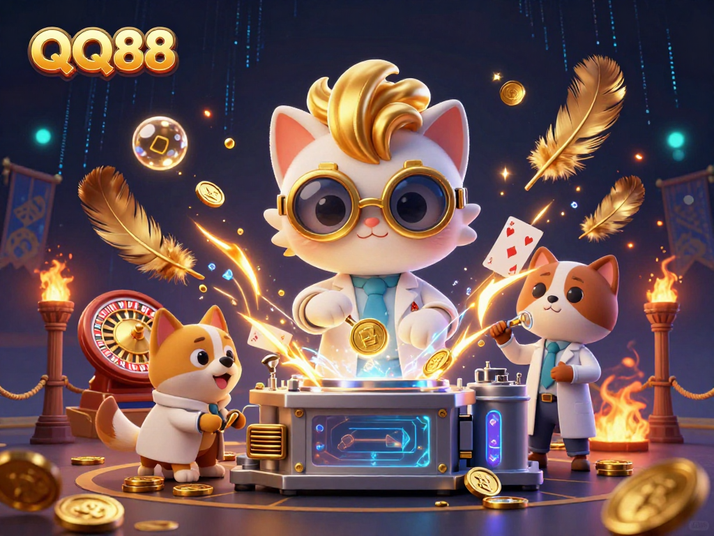Engage with QQ88's thrilling casino experience featuring a scientist and dog amidst gold-coin excitement.