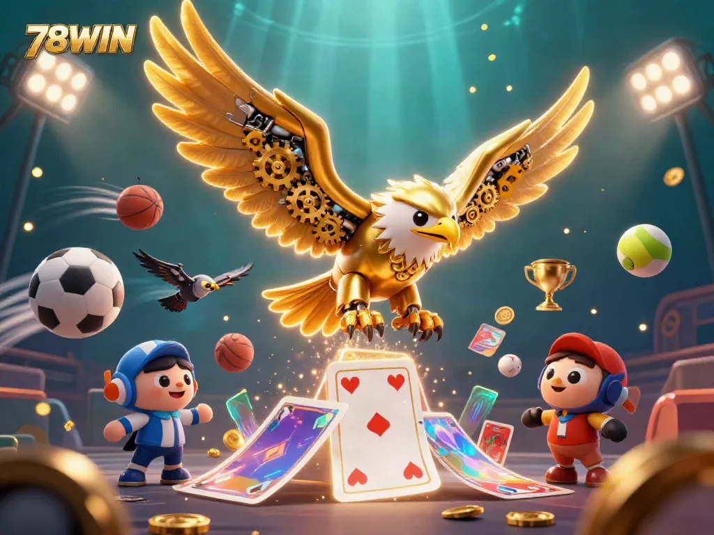 Bet on exciting games with 78WIN's vibrant 3D illustration of golden eagle diving through holographic playing cards.