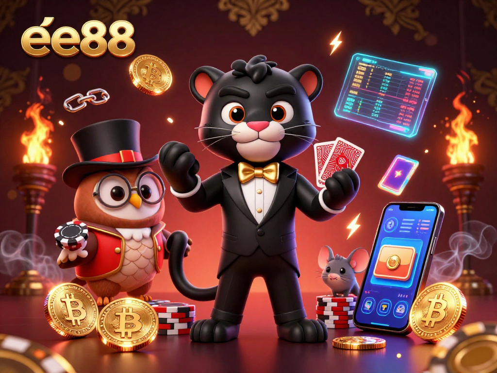 Experience thrilling moments at ee88 with our elegant 3D casino scene, showcasing vibrant characters and crypto elements.