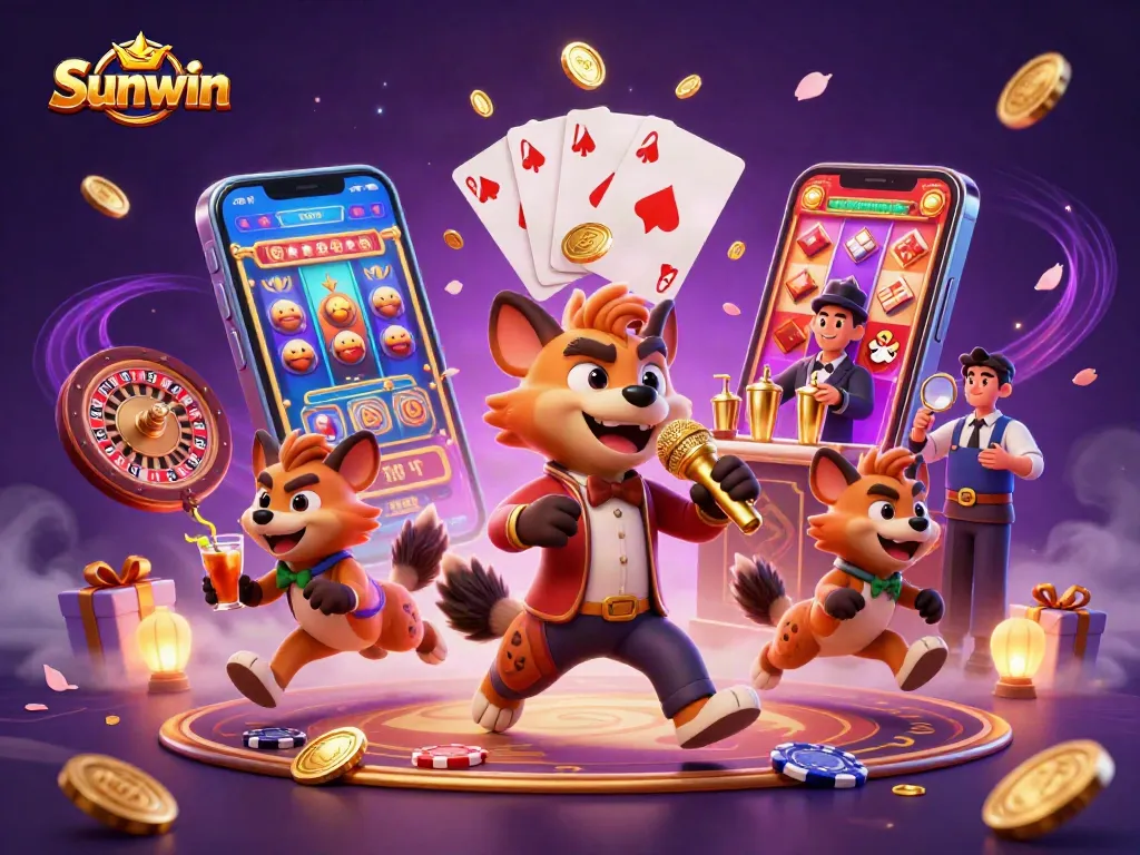 Sunwin's vibrant casino scene features a hyena comedian, bartender, and bouncer in action.