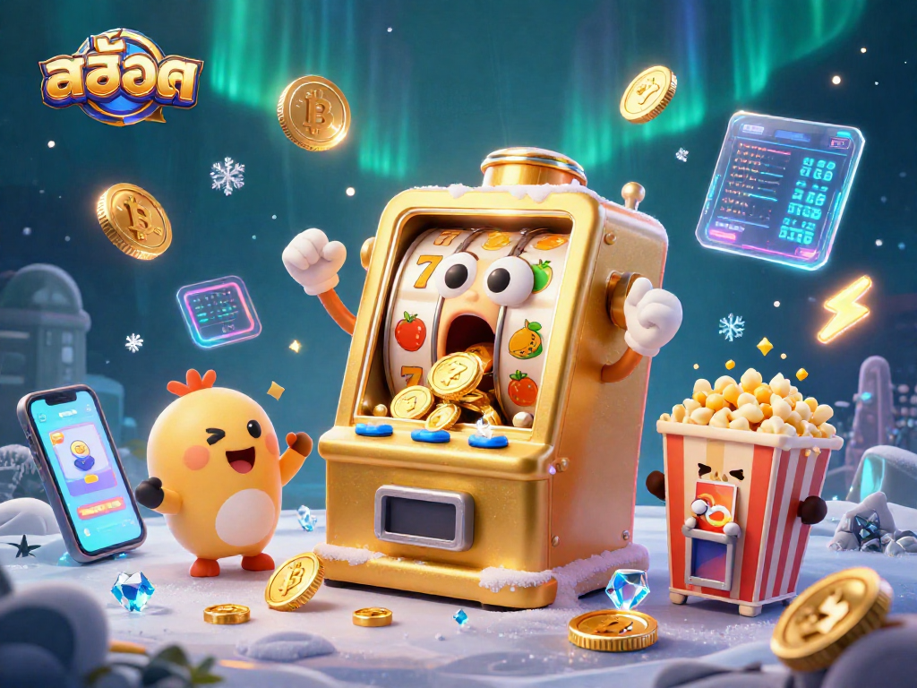 Spin the สล็อต slot machine in this vibrant 3D casino illustration surrounded by crypto-themed elements.
